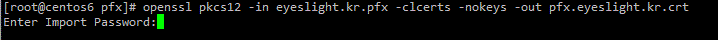 콘솔창 캡처 화면 : openssl pkcs12 -in eyeslight.kr.pfx -clcerts -nokeys -out prx.eyeslight.kr.crt