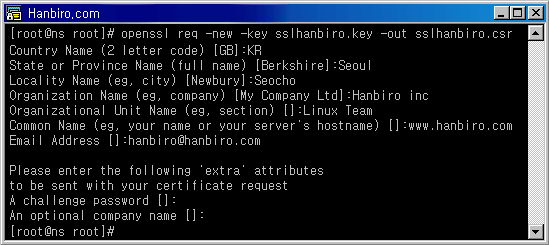 콘솔 캡처 화면 : openssl req -new -key sslhanbiro.key -out sslhanbiro.csr